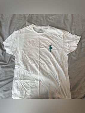 White Men's Crewneck T-Shirt with Green Cactus Embroidery